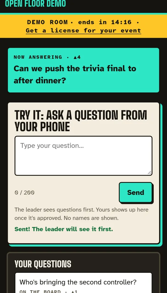 Open Floor on a phone: the question being answered, a box to type a question, and a list of questions to upvote