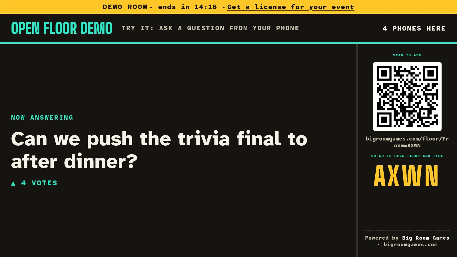 Open Floor on a big screen: the question being answered, its vote count, and a QR code with the room code to join